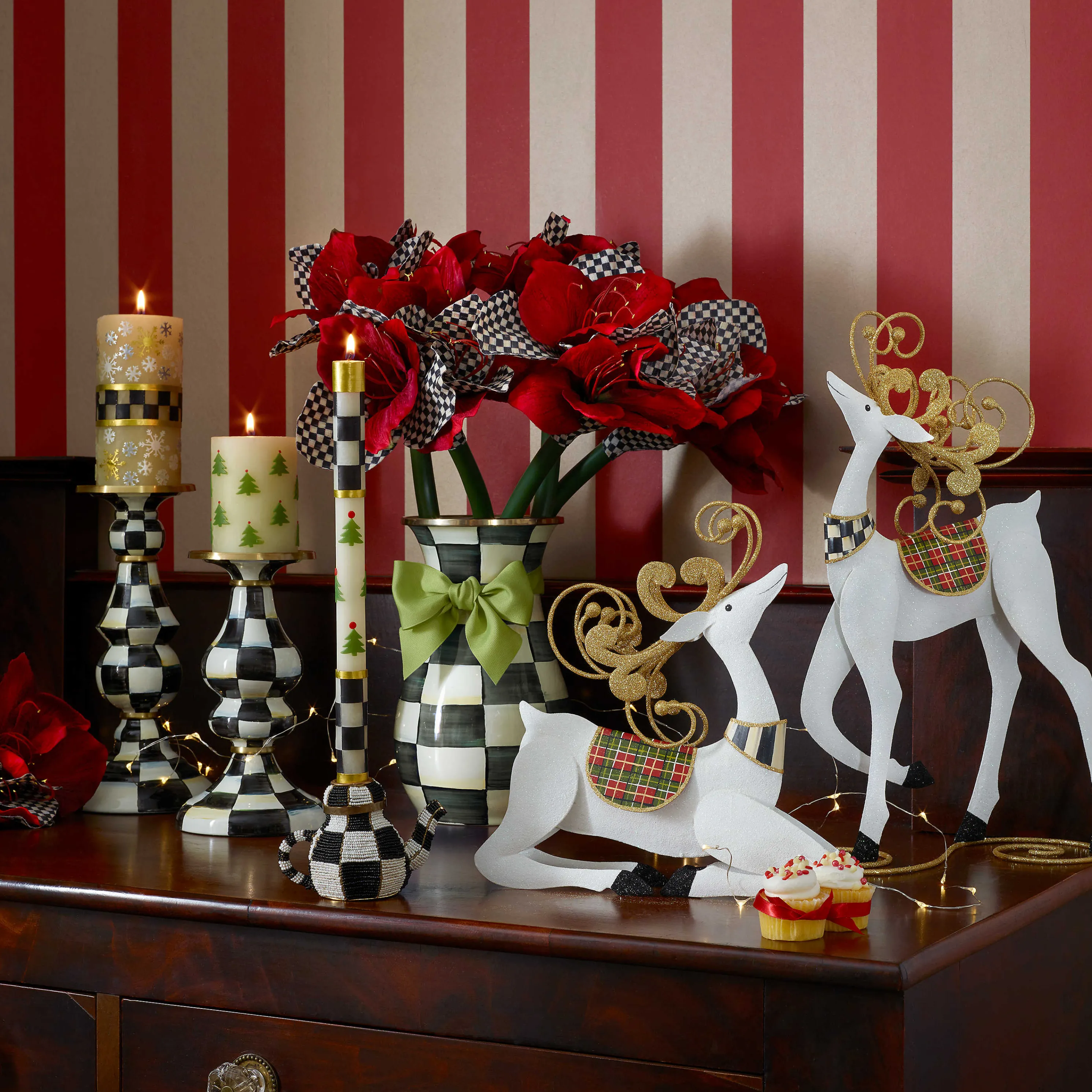 Christmas Tree Dinner Candles - Check Bands - Set Of 2