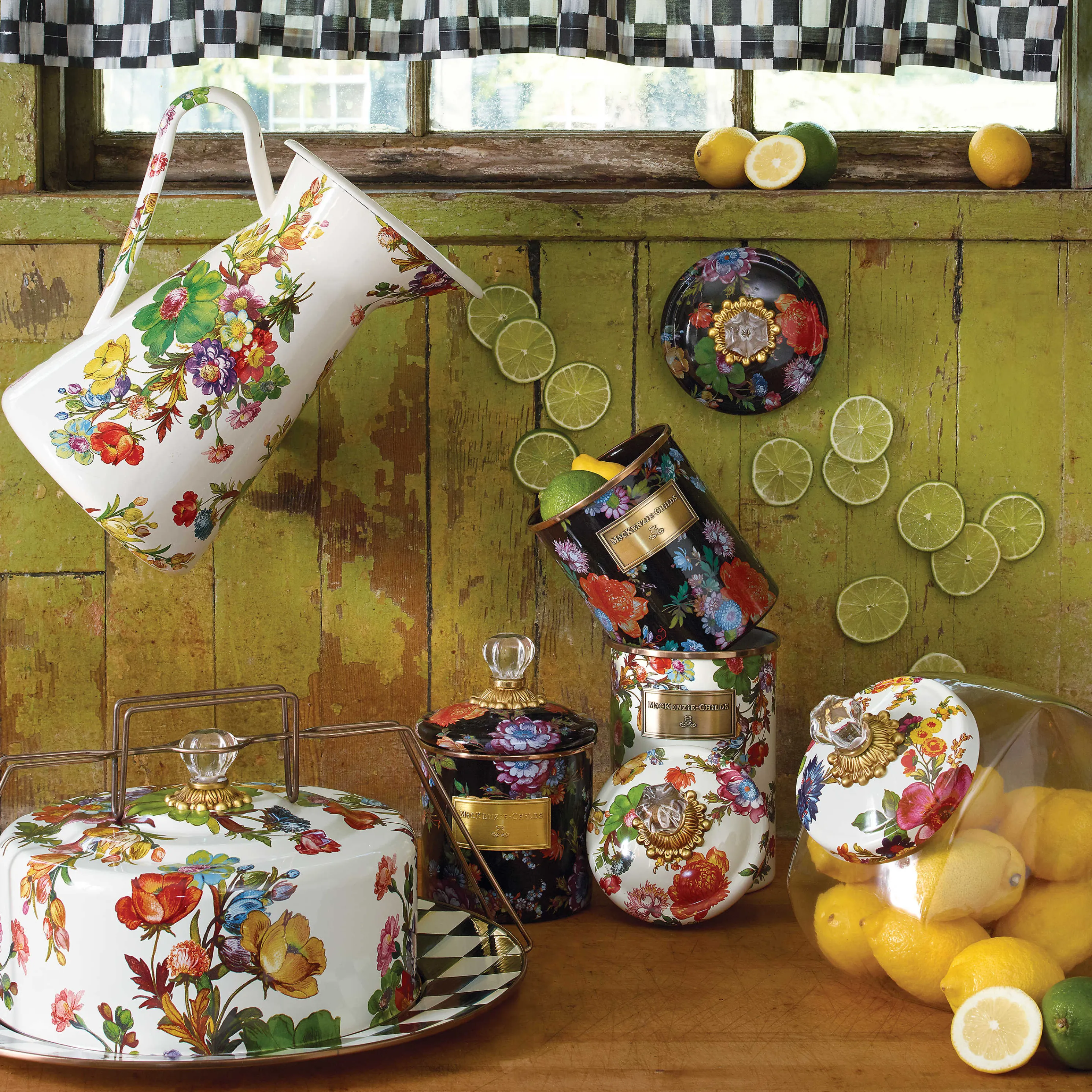 Cookie Jar With Flower Market Enamel Lid - White