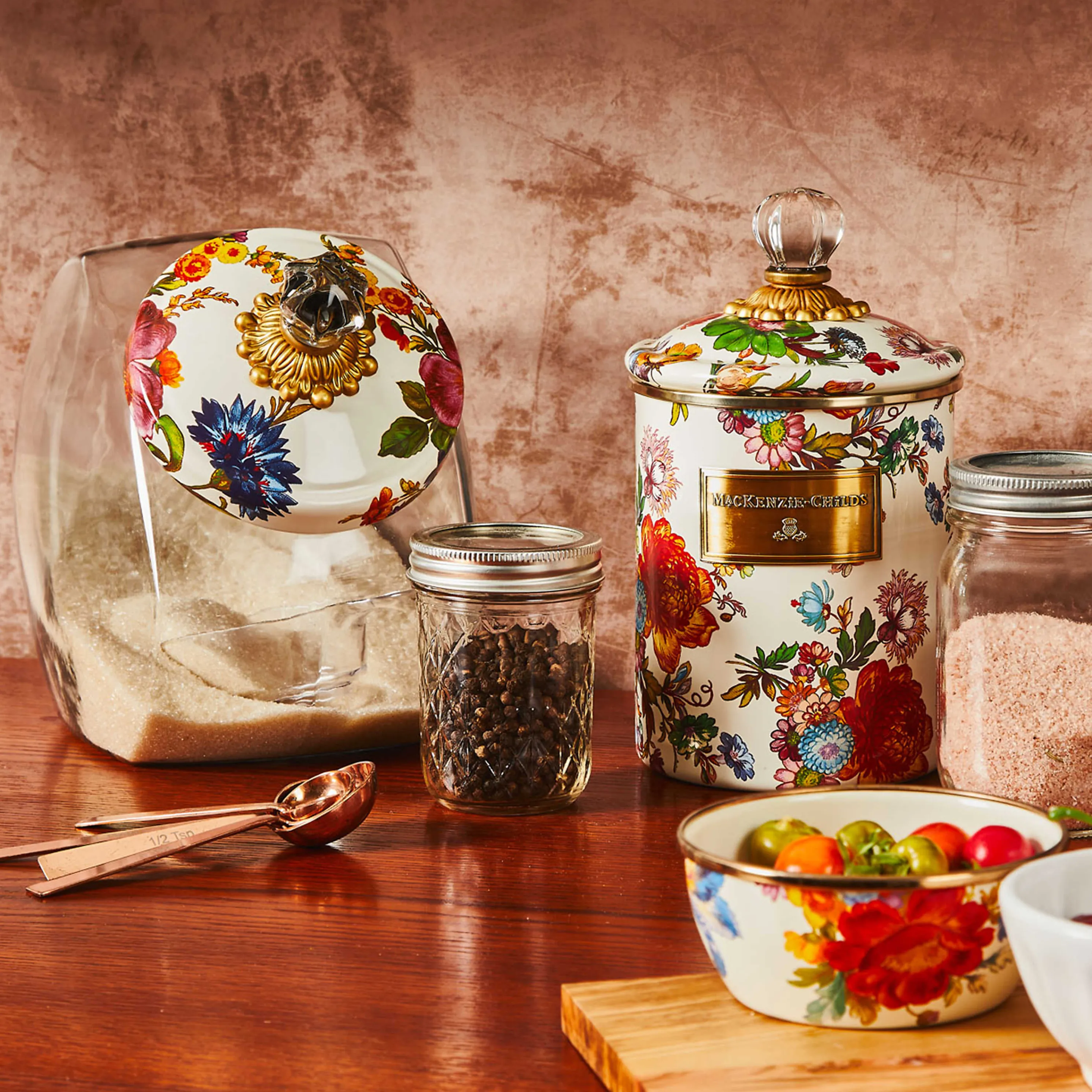 Cookie Jar With Flower Market Enamel Lid - White