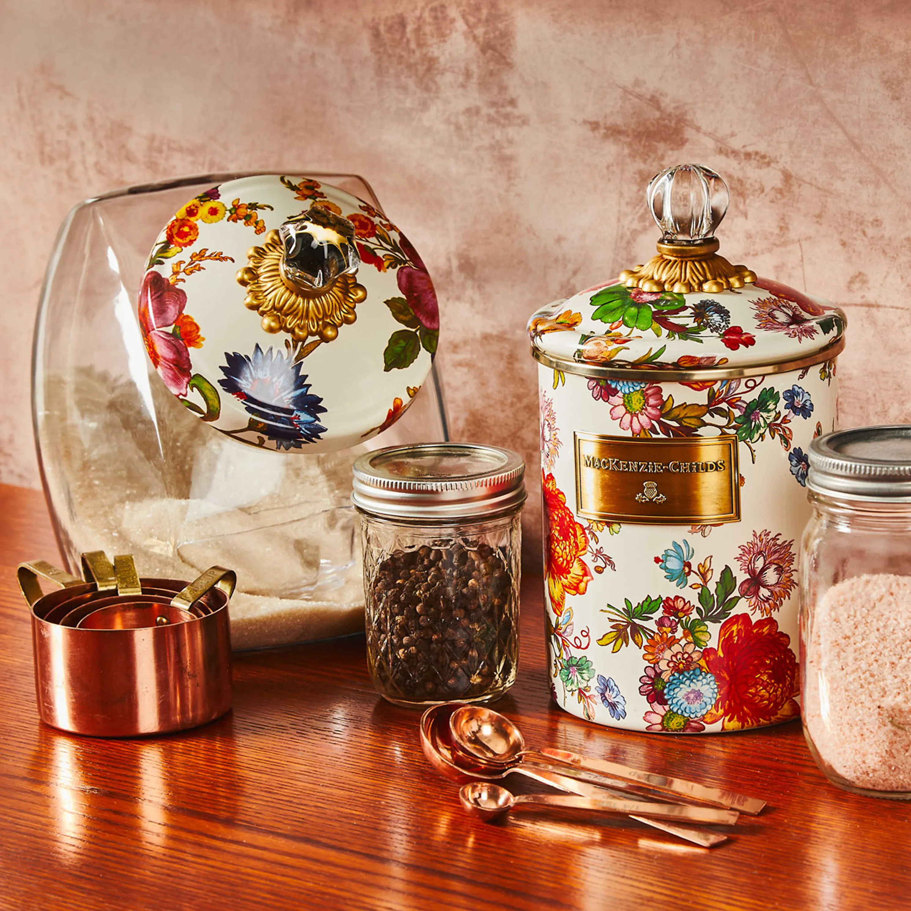 Cookie Jar With Flower Market Enamel Lid - White