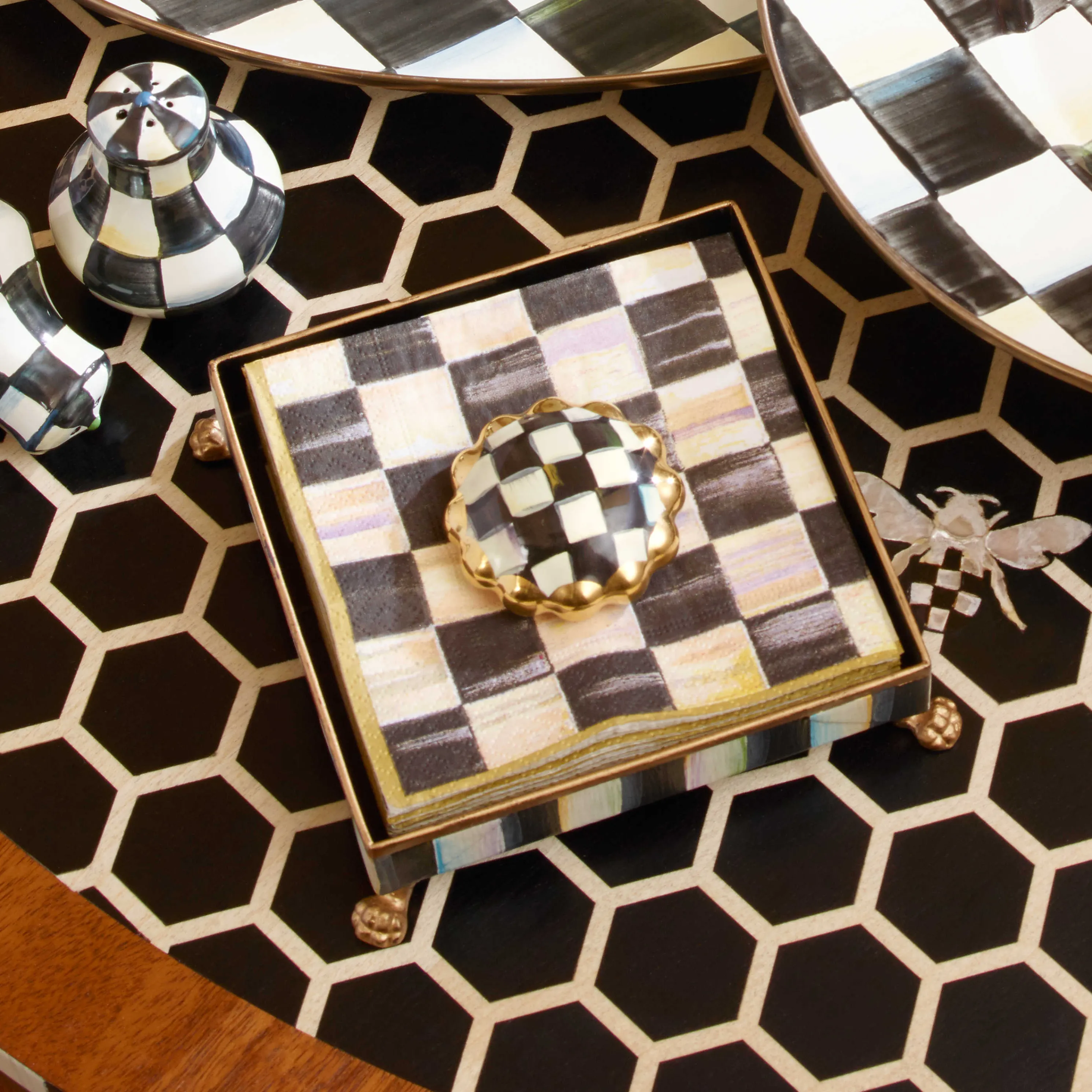 Courtly Check Cocktail Napkin Holder Set - Gold