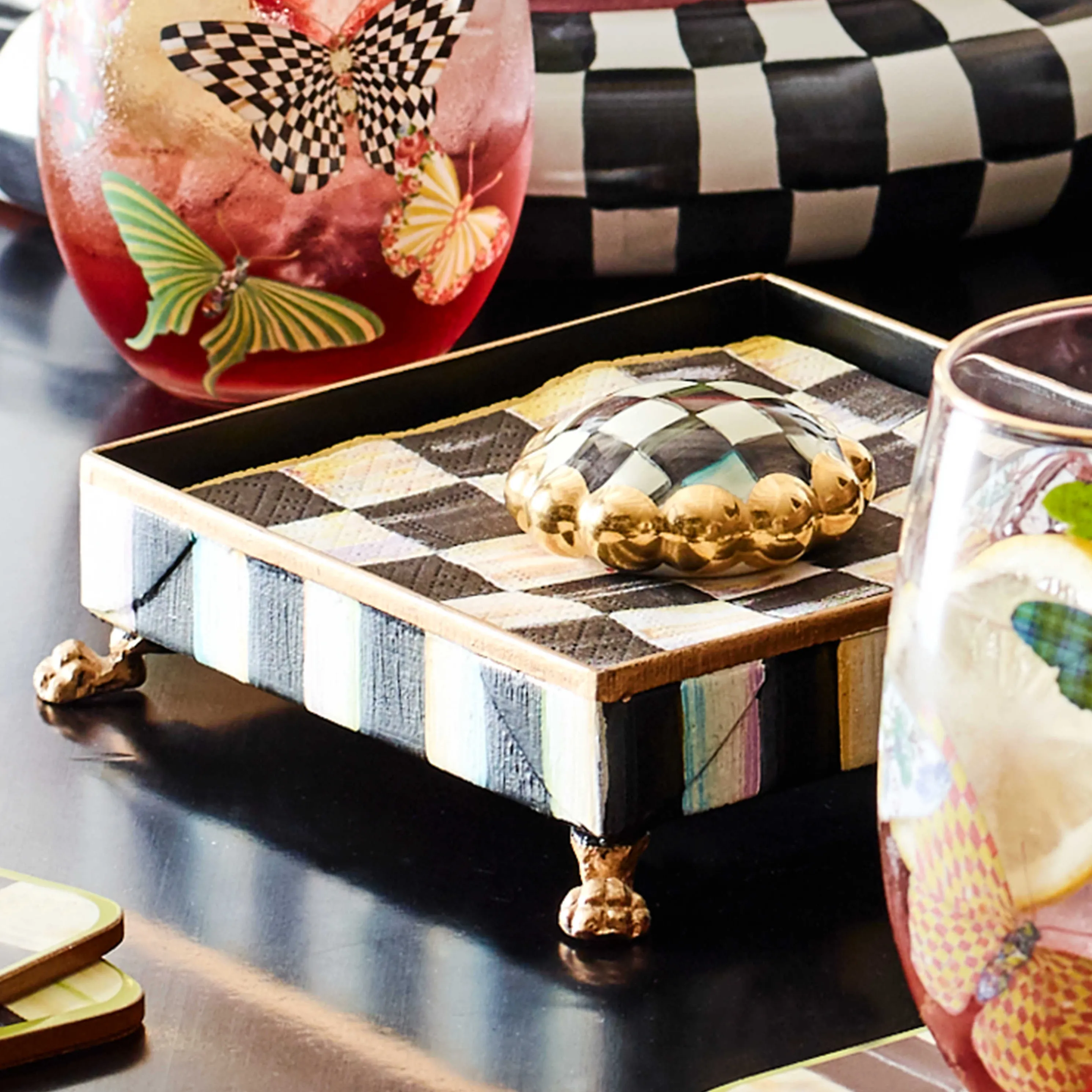 Courtly Check Cocktail Napkin Holder Set - Gold
