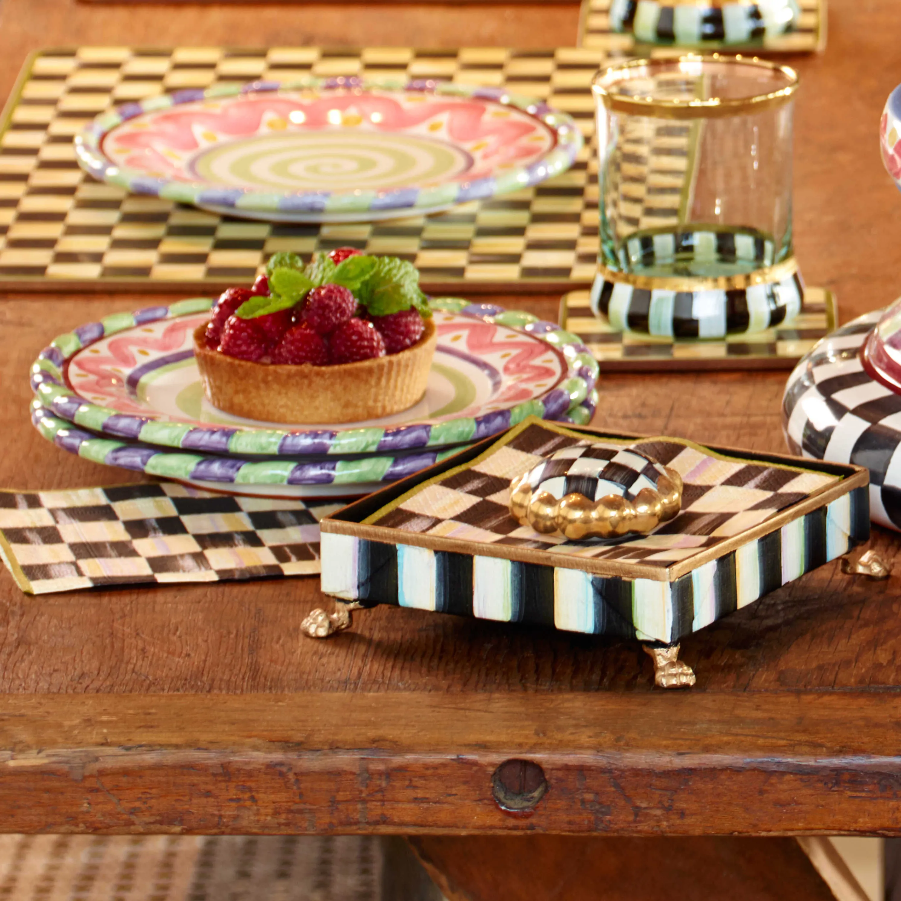 Courtly Check Cocktail Napkin Holder Set - Gold