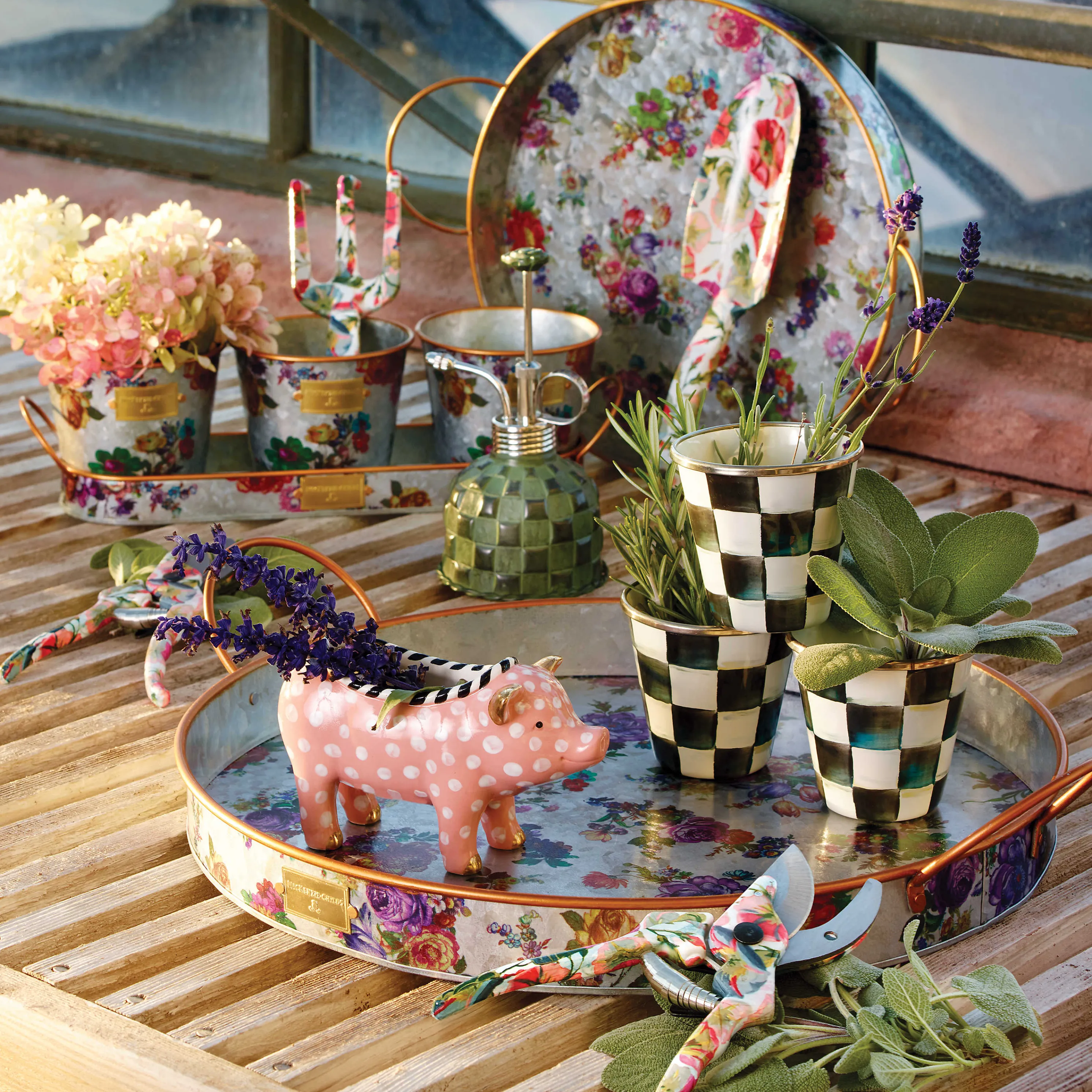 Courtly Check Enamel Herb Pots - Set Of 3