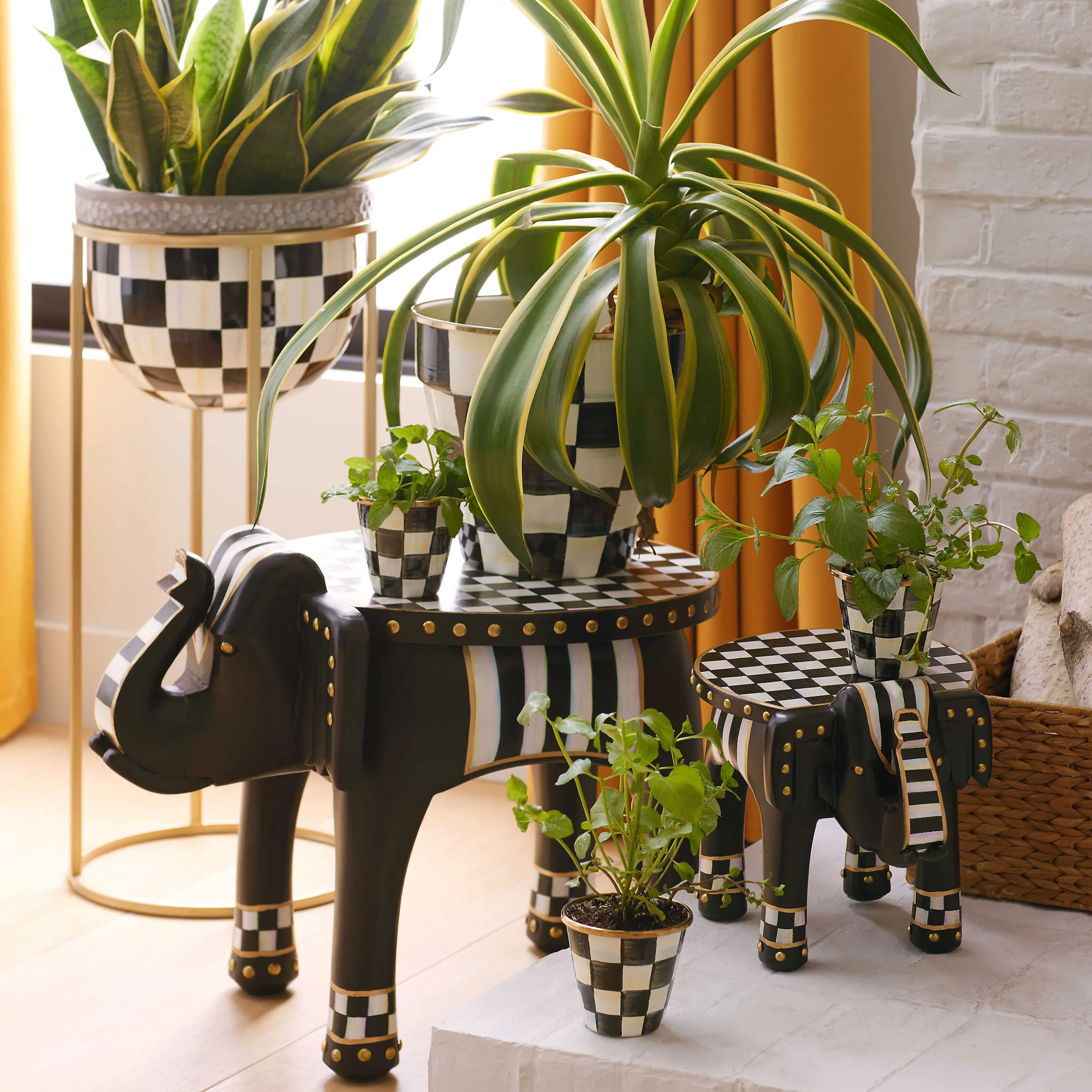 Courtly Check Enamel Herb Pots - Set Of 3