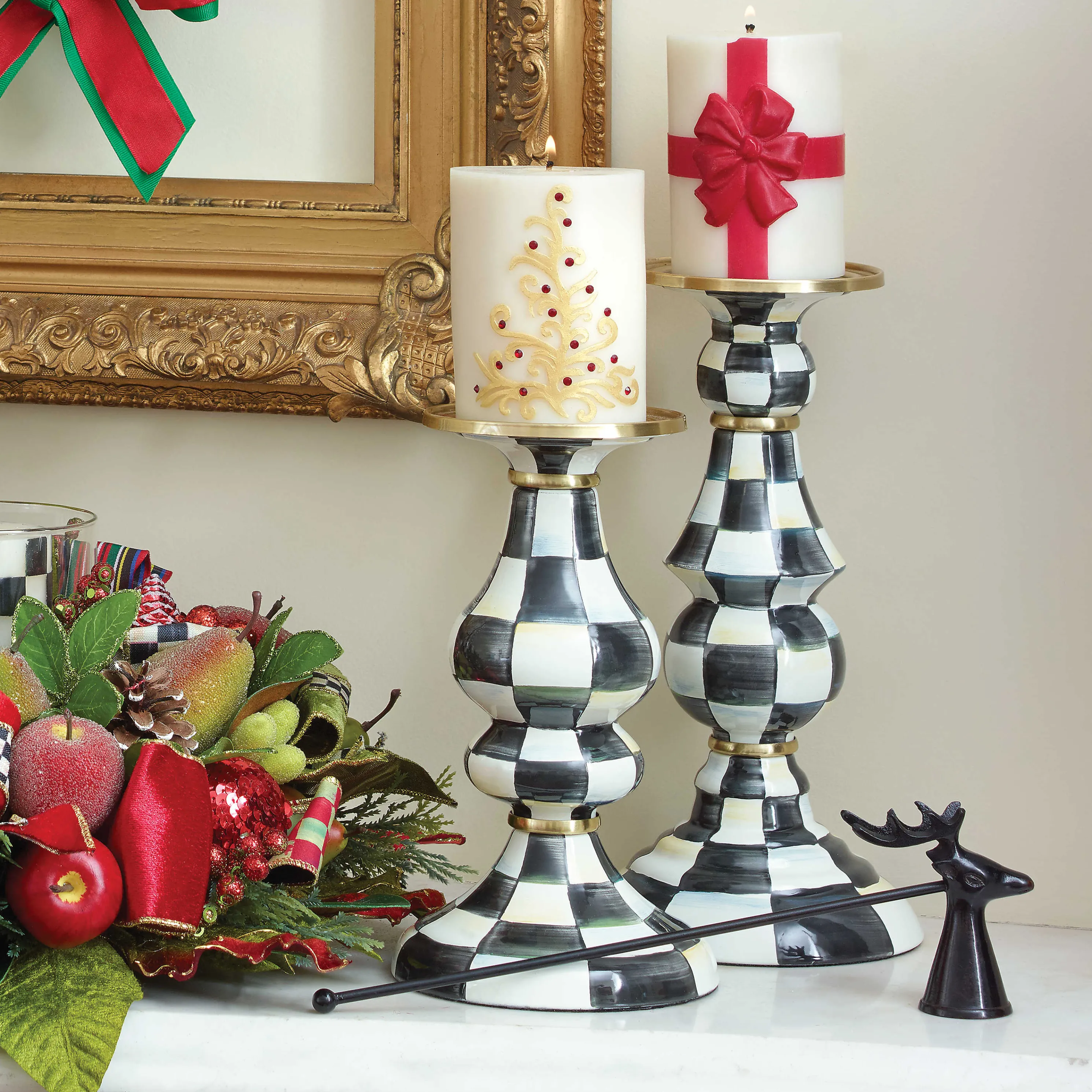 Courtly Check Enamel Pillar Candlestick - Large