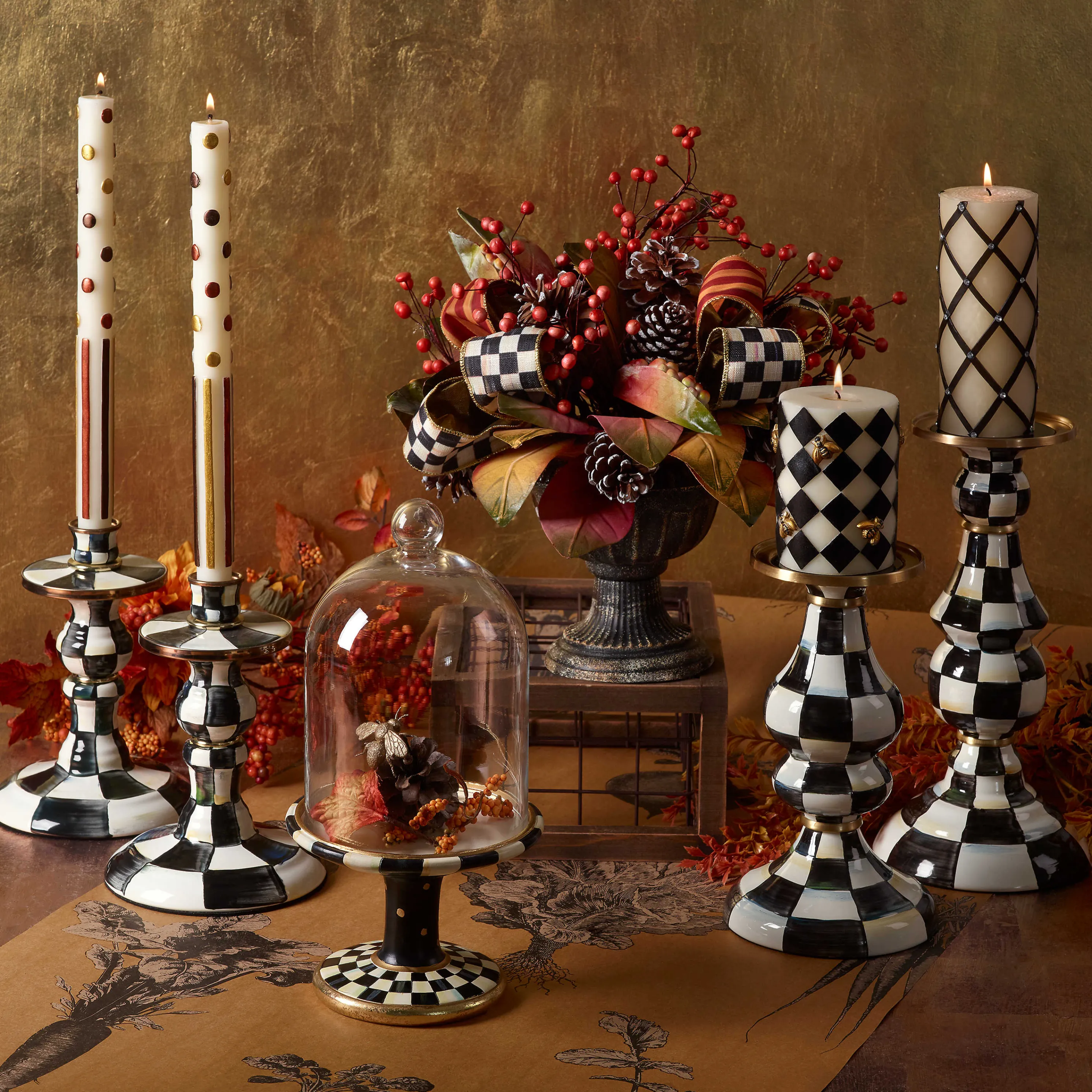 Courtly Check Enamel Pillar Candlestick - Large