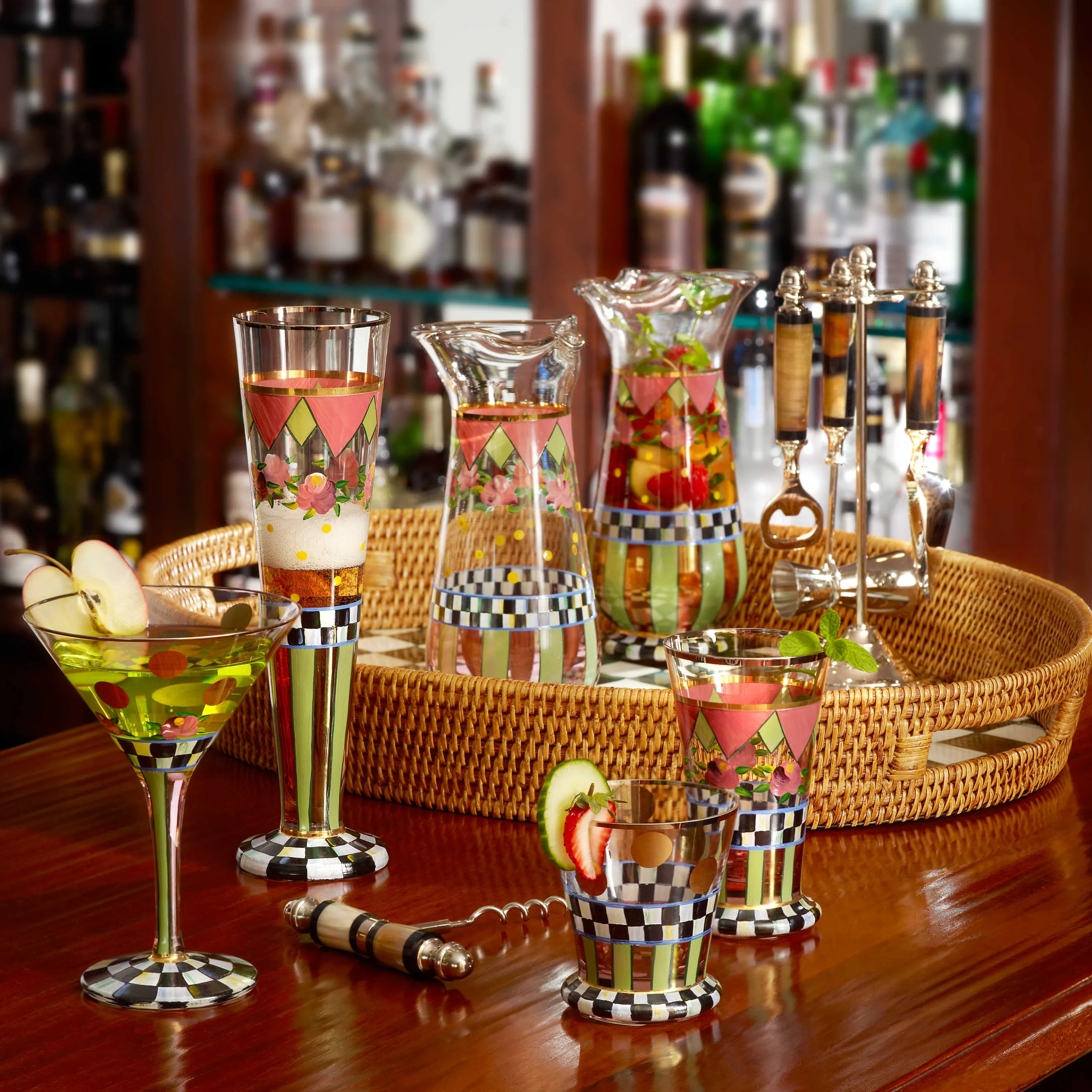 Courtly Check Rattan & Enamel Party Tray