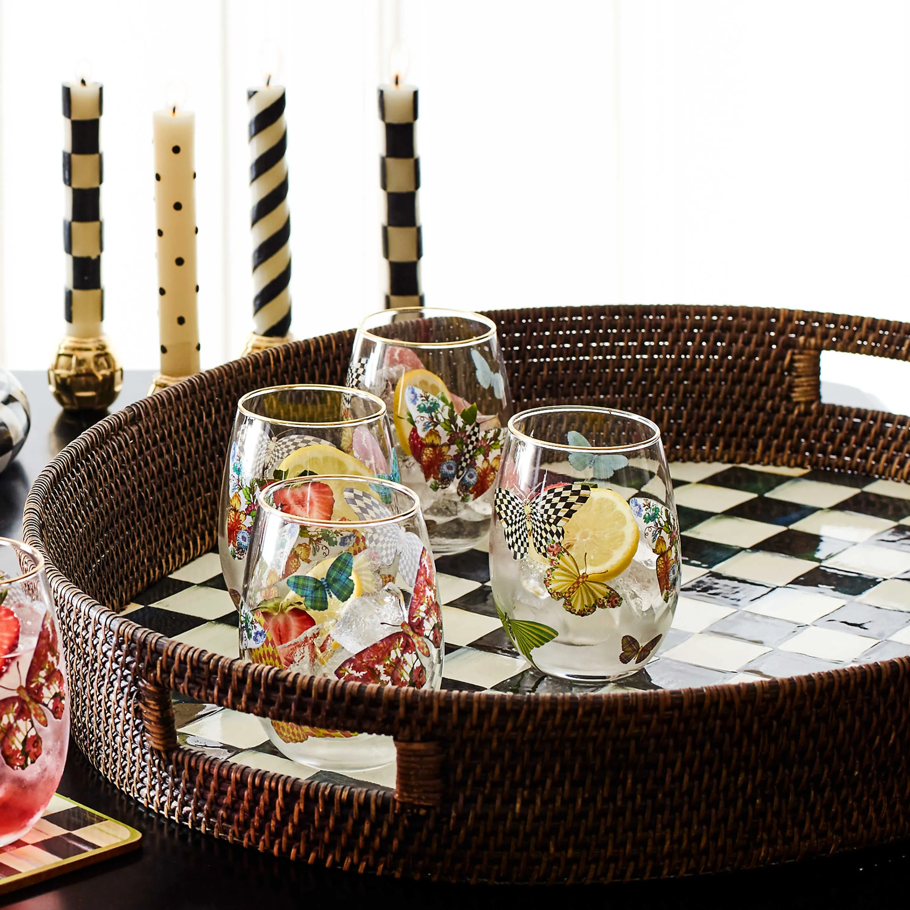 Courtly Check Rattan & Enamel Party Tray