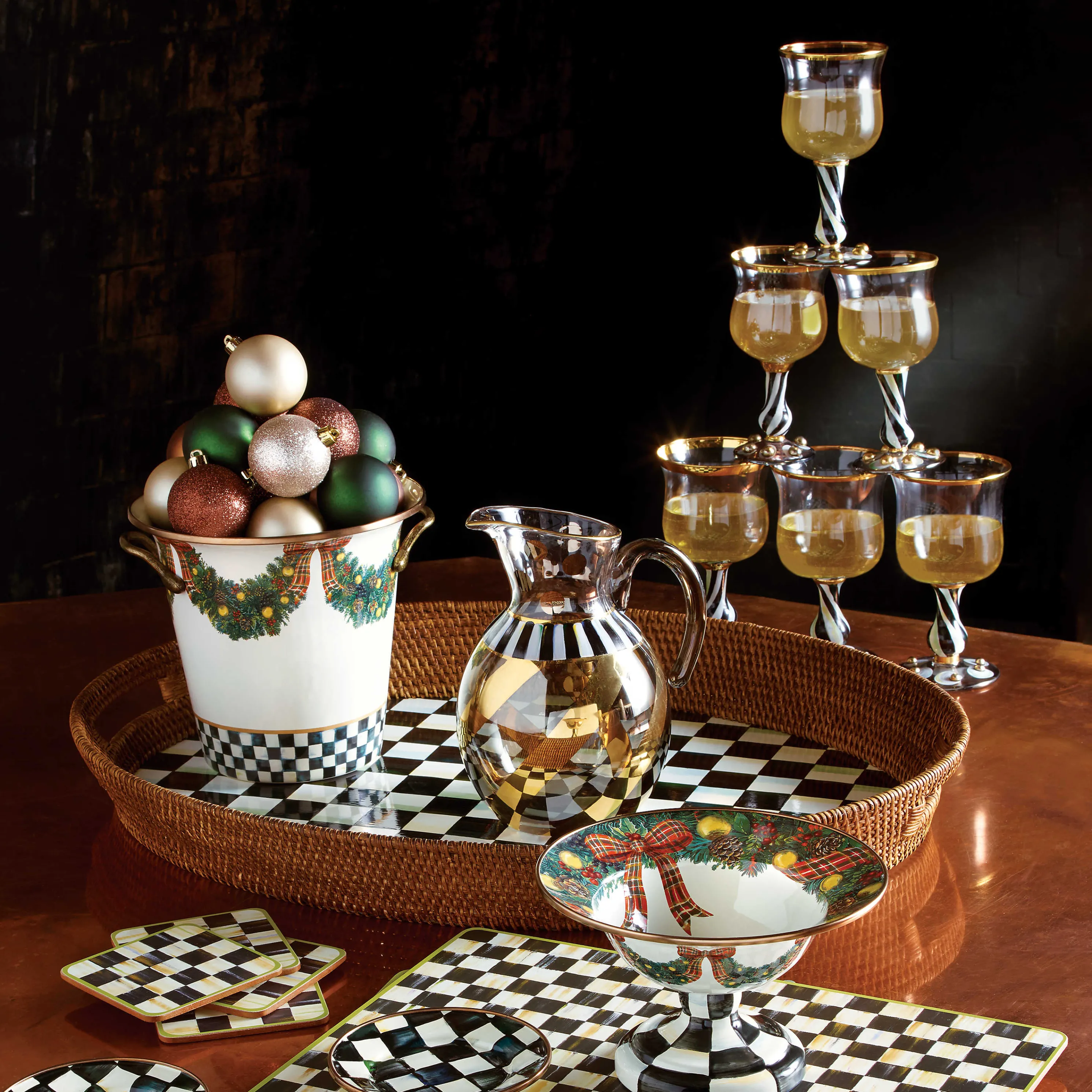 Courtly Check Rattan & Enamel Party Tray