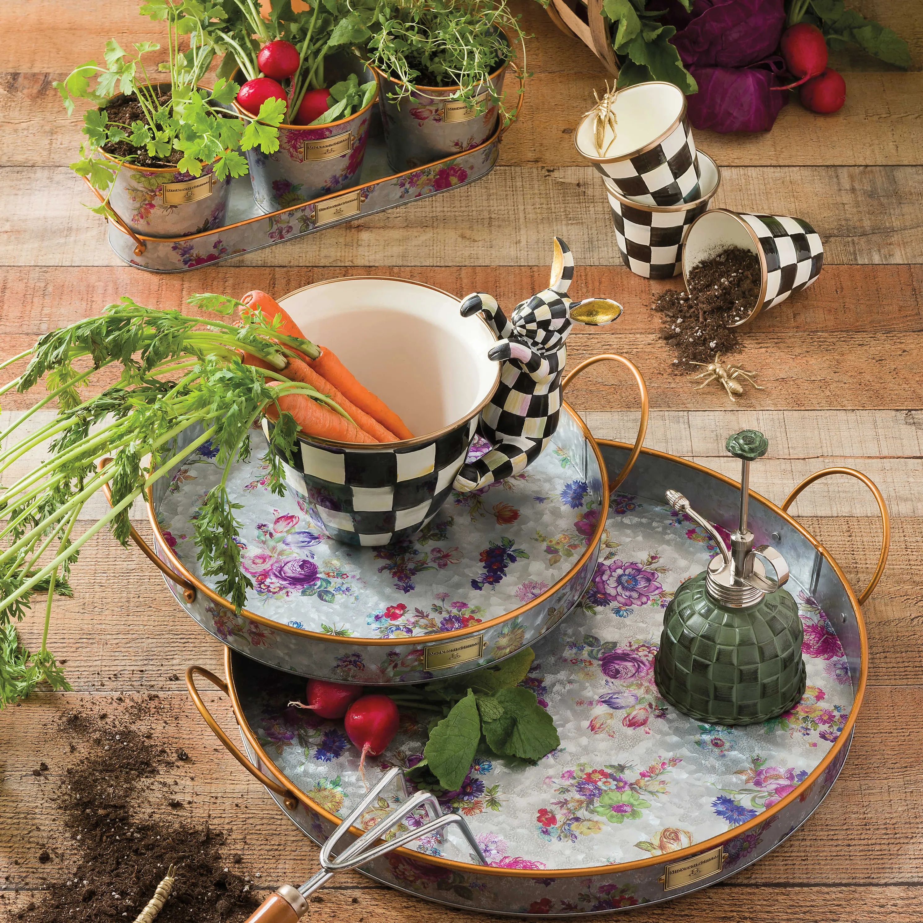 Flower Market Galvanized Herb Pots With Tray - Set Of 3