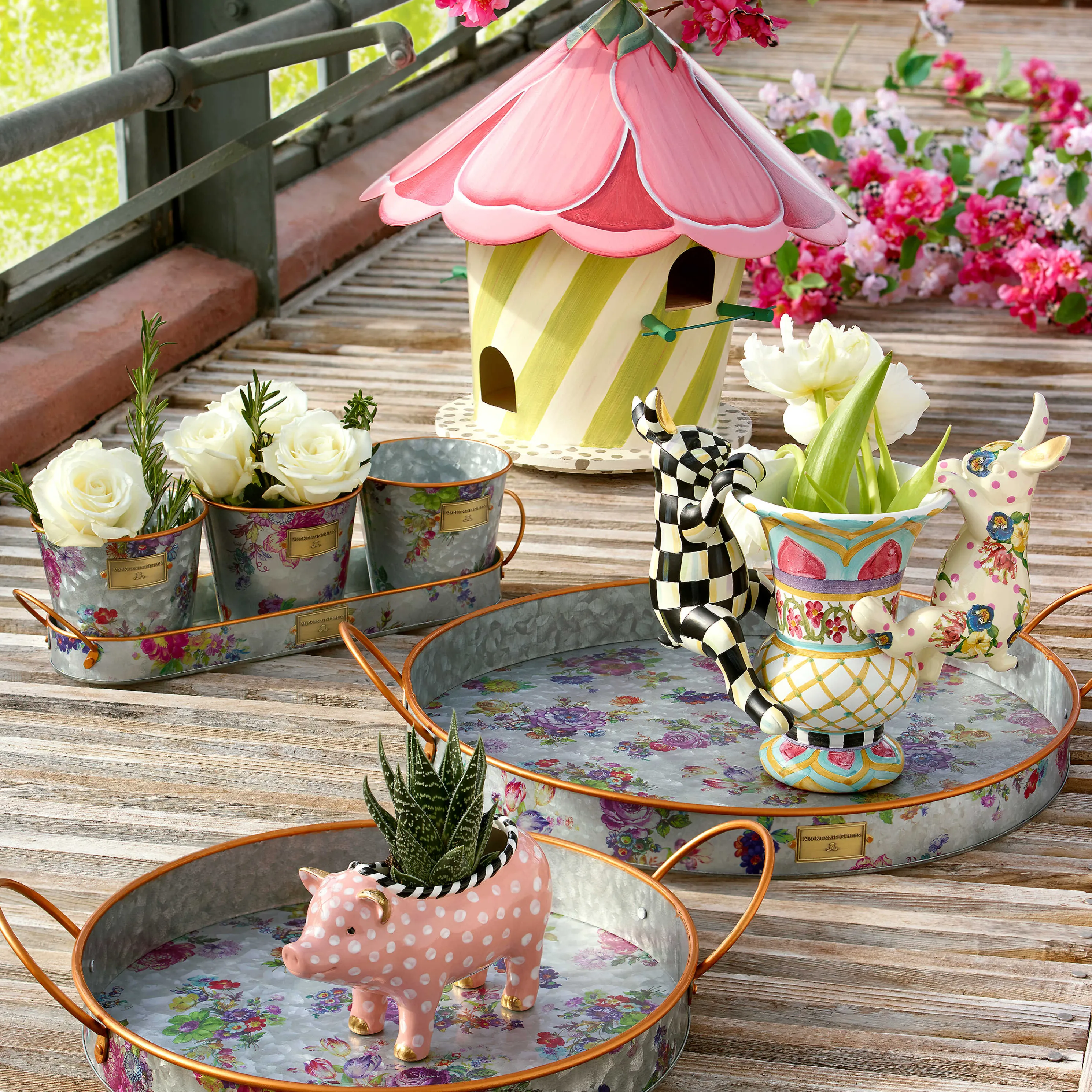 Flower Market Galvanized Herb Pots With Tray - Set Of 3