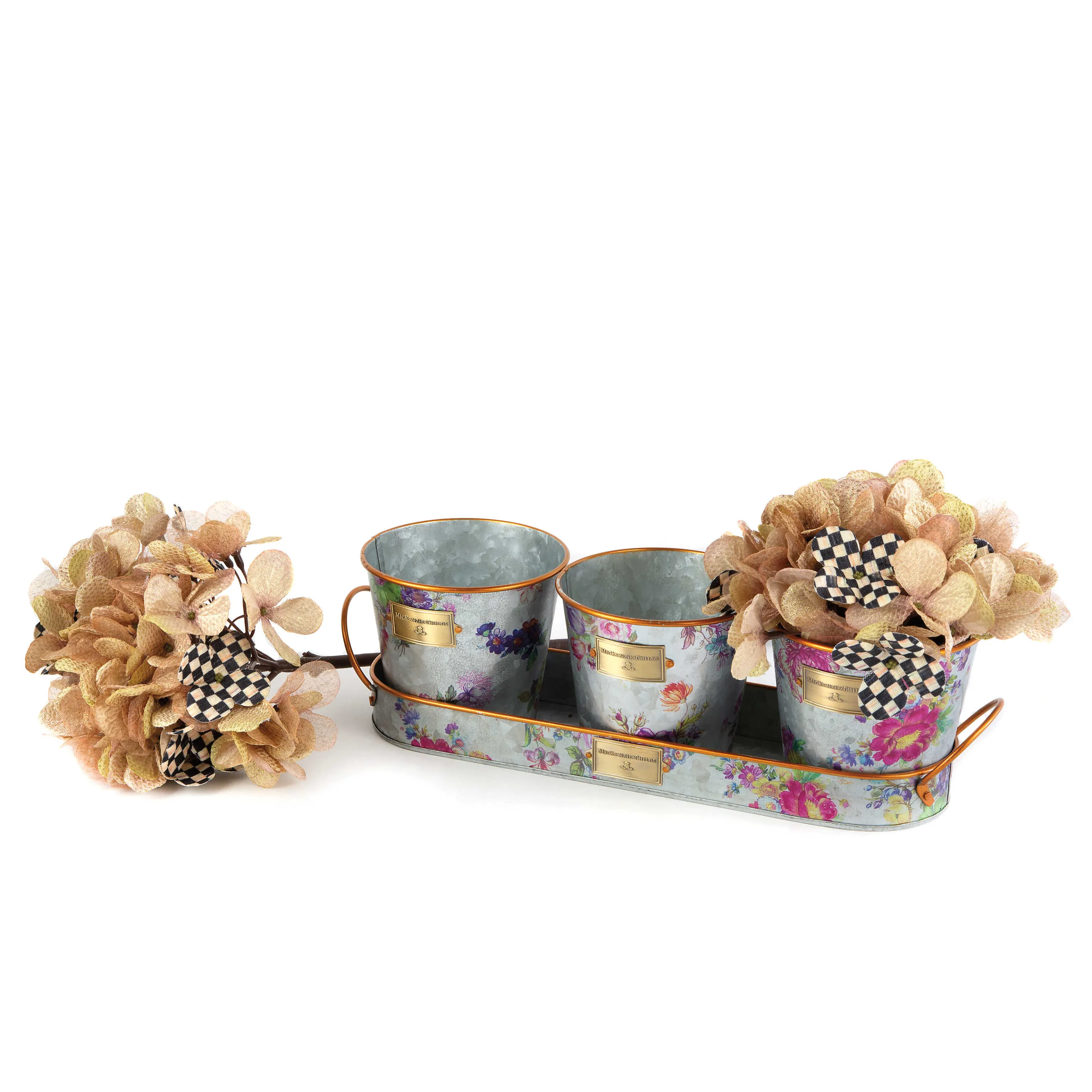 Flower Market Galvanized Herb Pots With Tray - Set Of 3