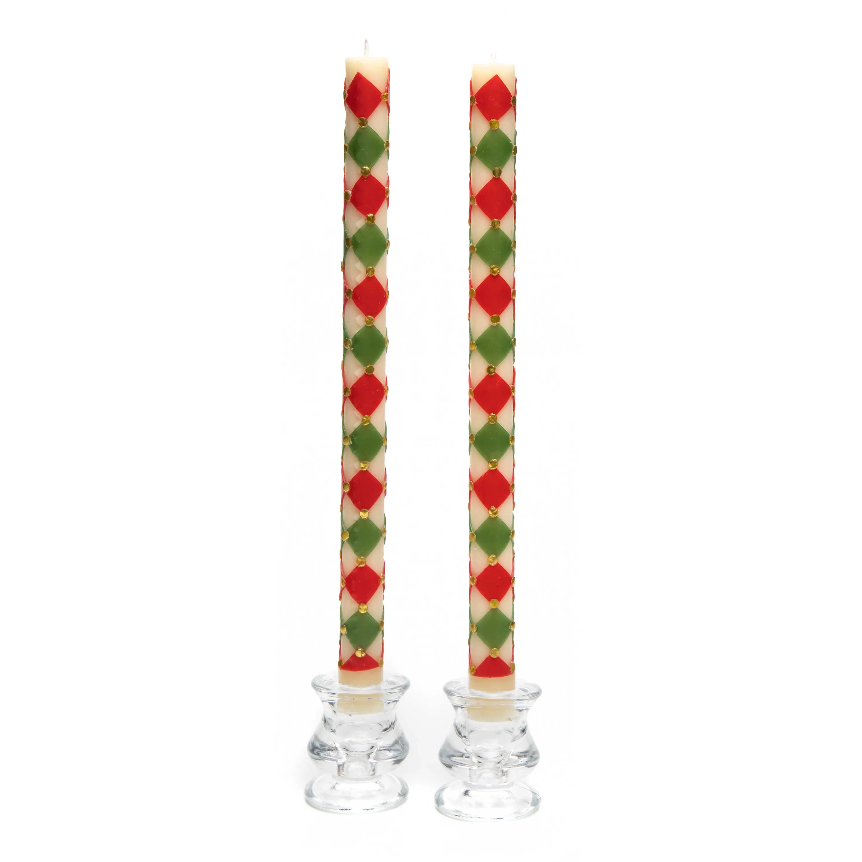 Harlequin Dot Dinner Candles - Red, Green, & Gold - Set Of 2