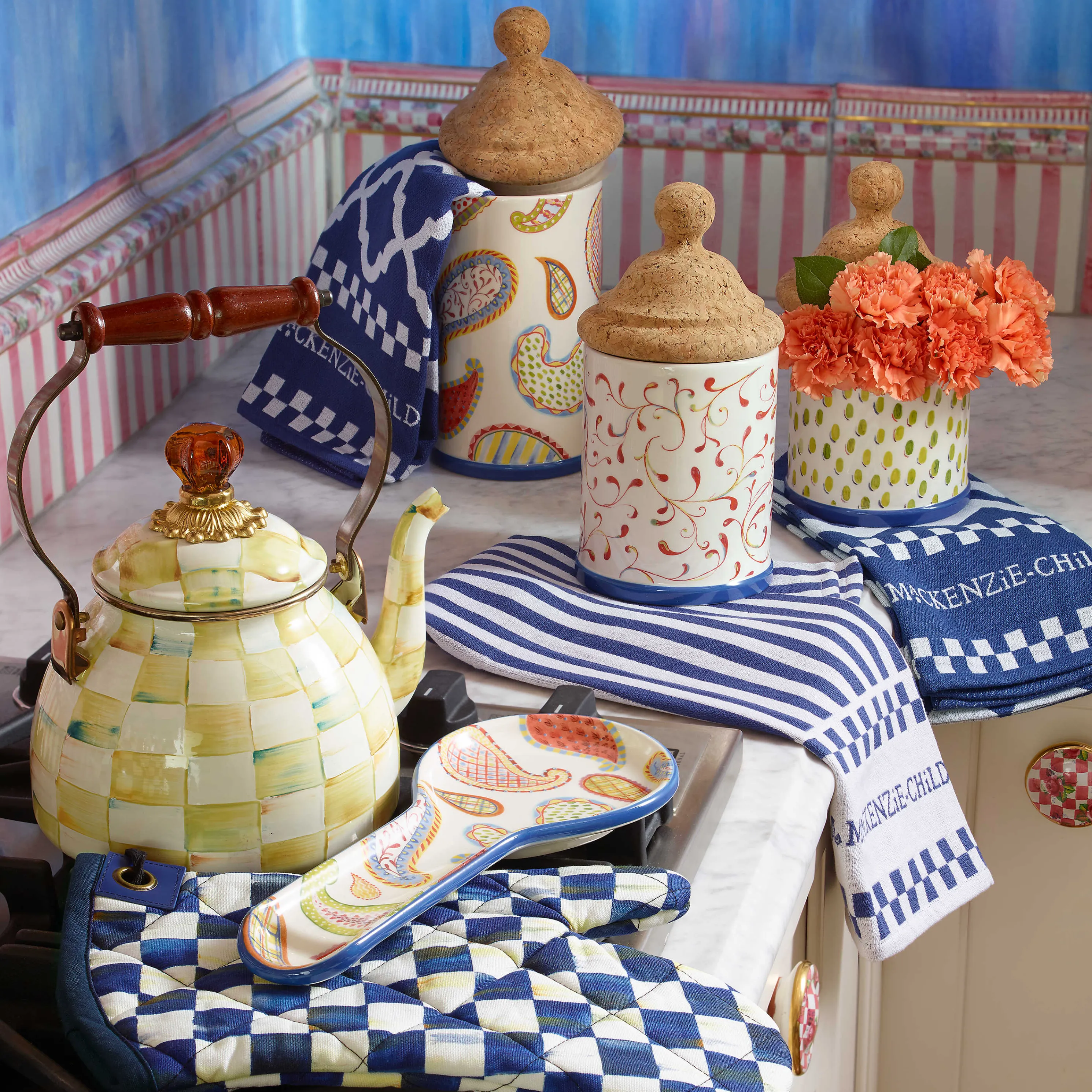 Parchment Check Enamel Tea Kettle - 2 Quart