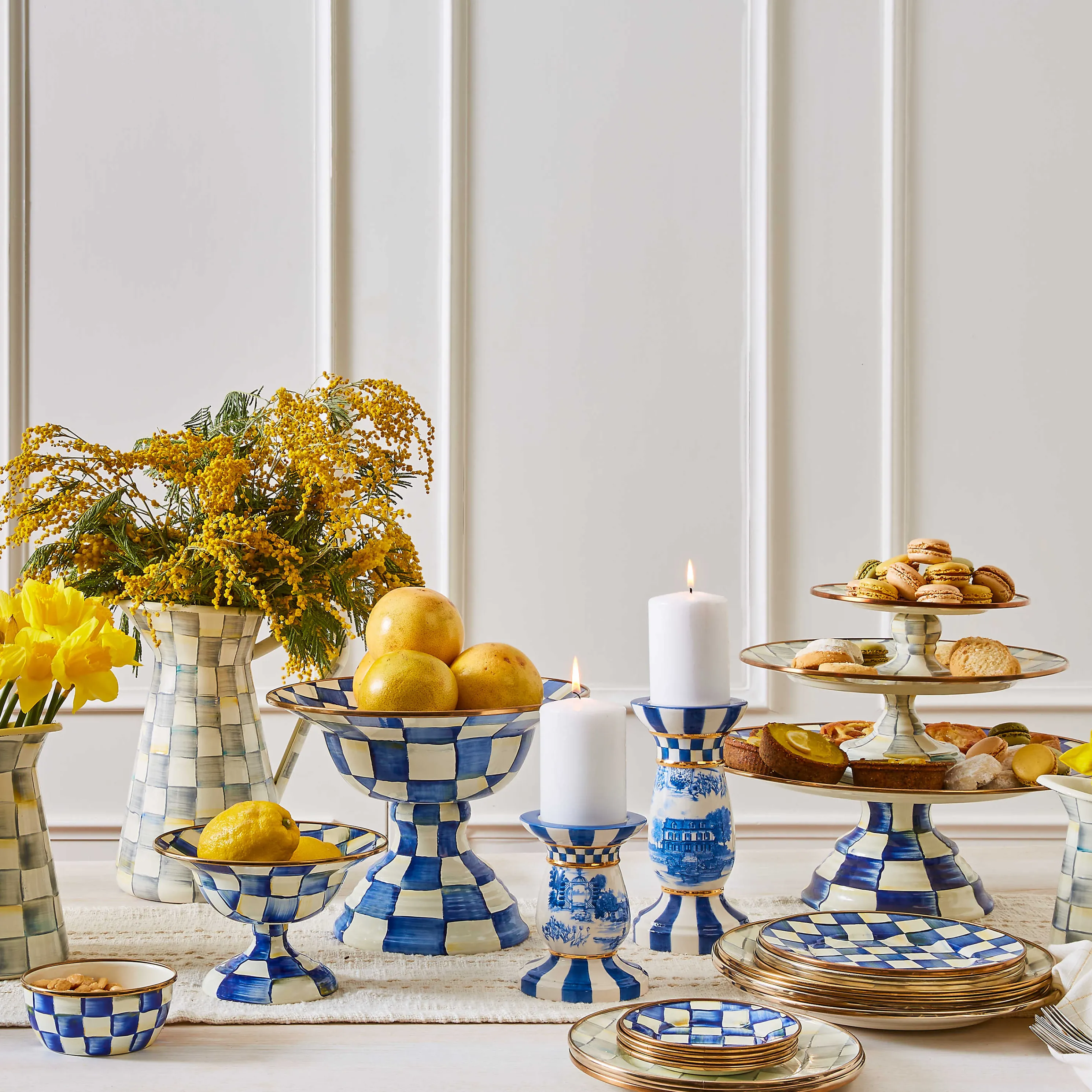 Royal Check Enamel Pedestal Platter - Large