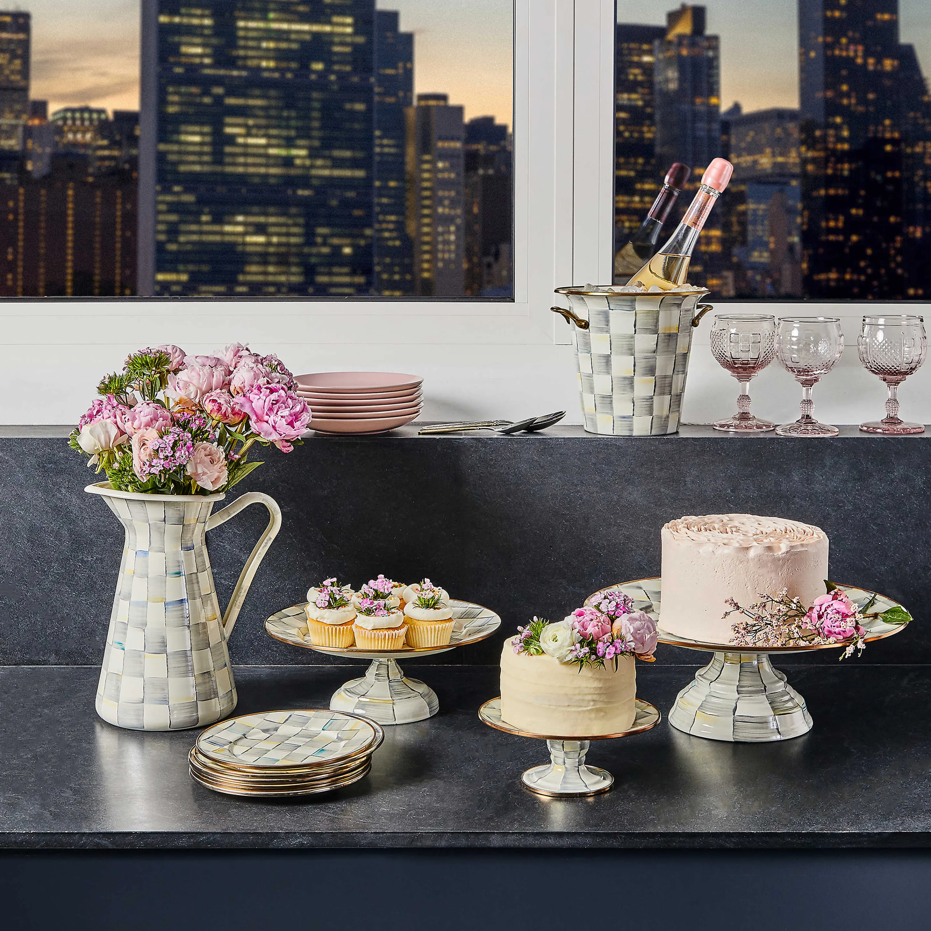 Sterling Check Enamel Pedestal Platter - Mini