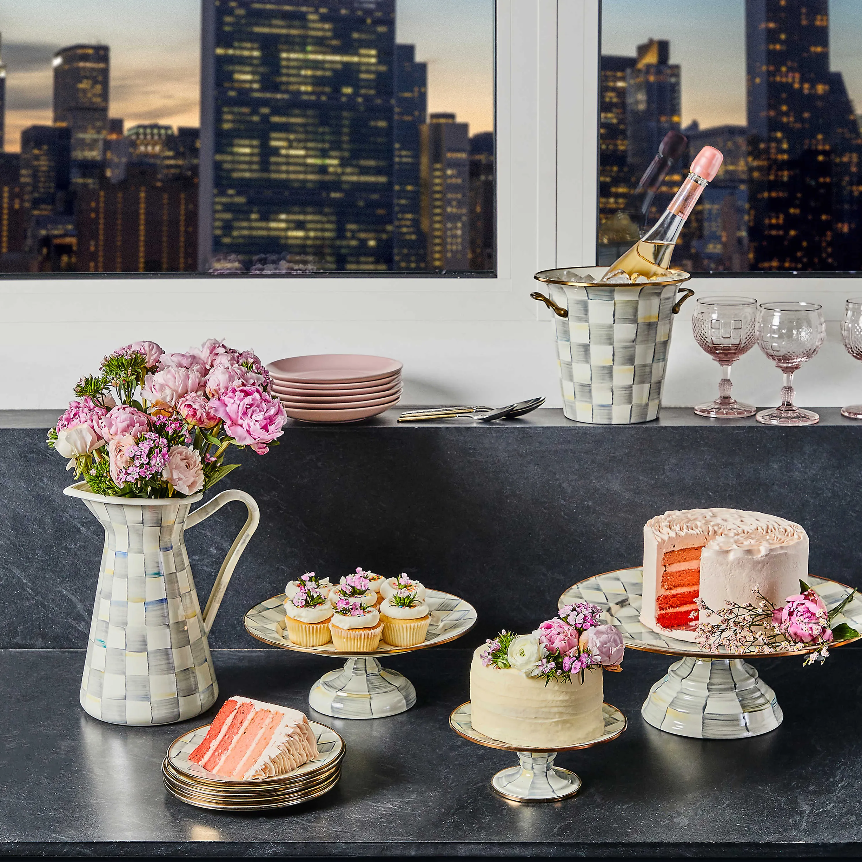 Sterling Check Enamel Pedestal Platter - Mini