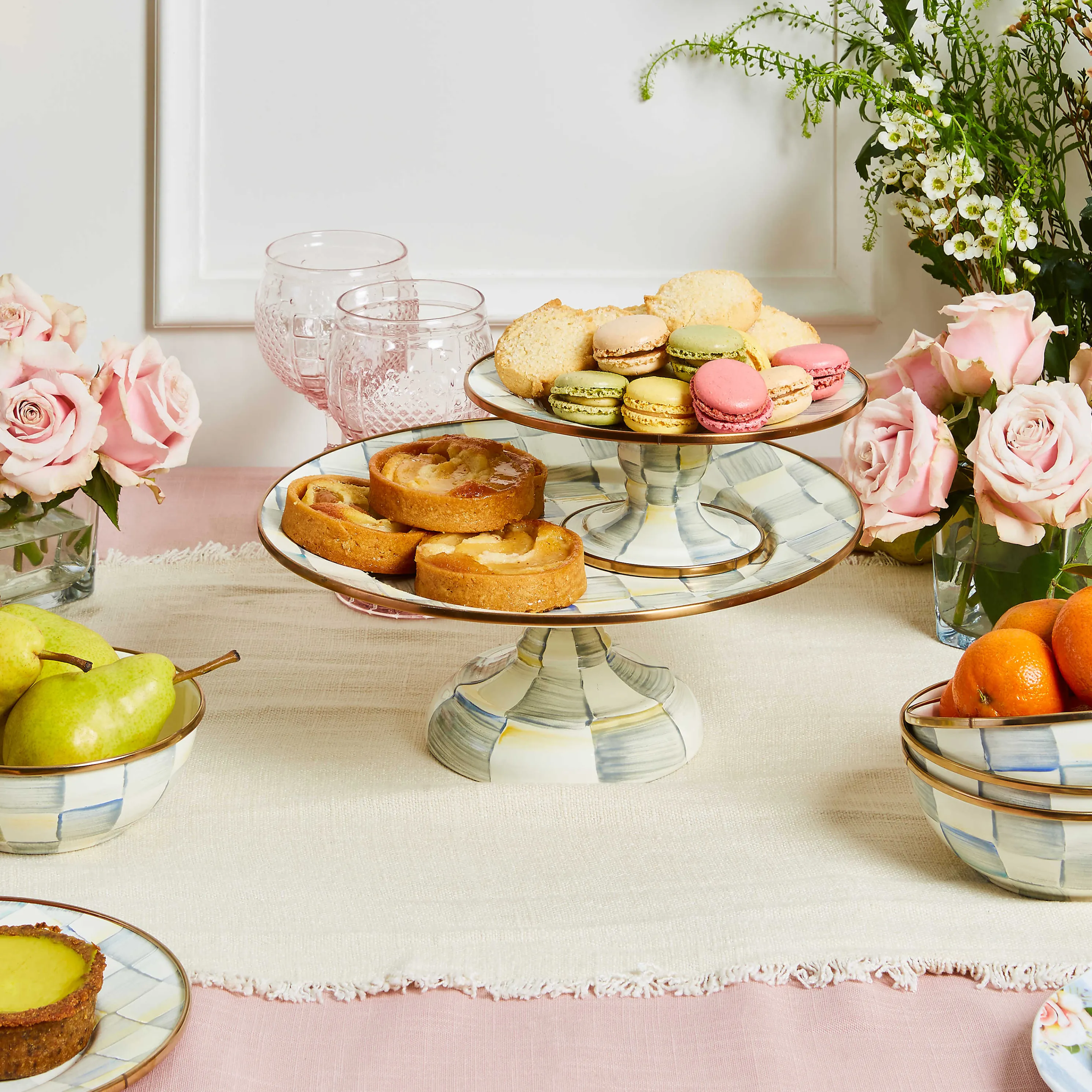 Sterling Check Enamel Pedestal Platter - Mini