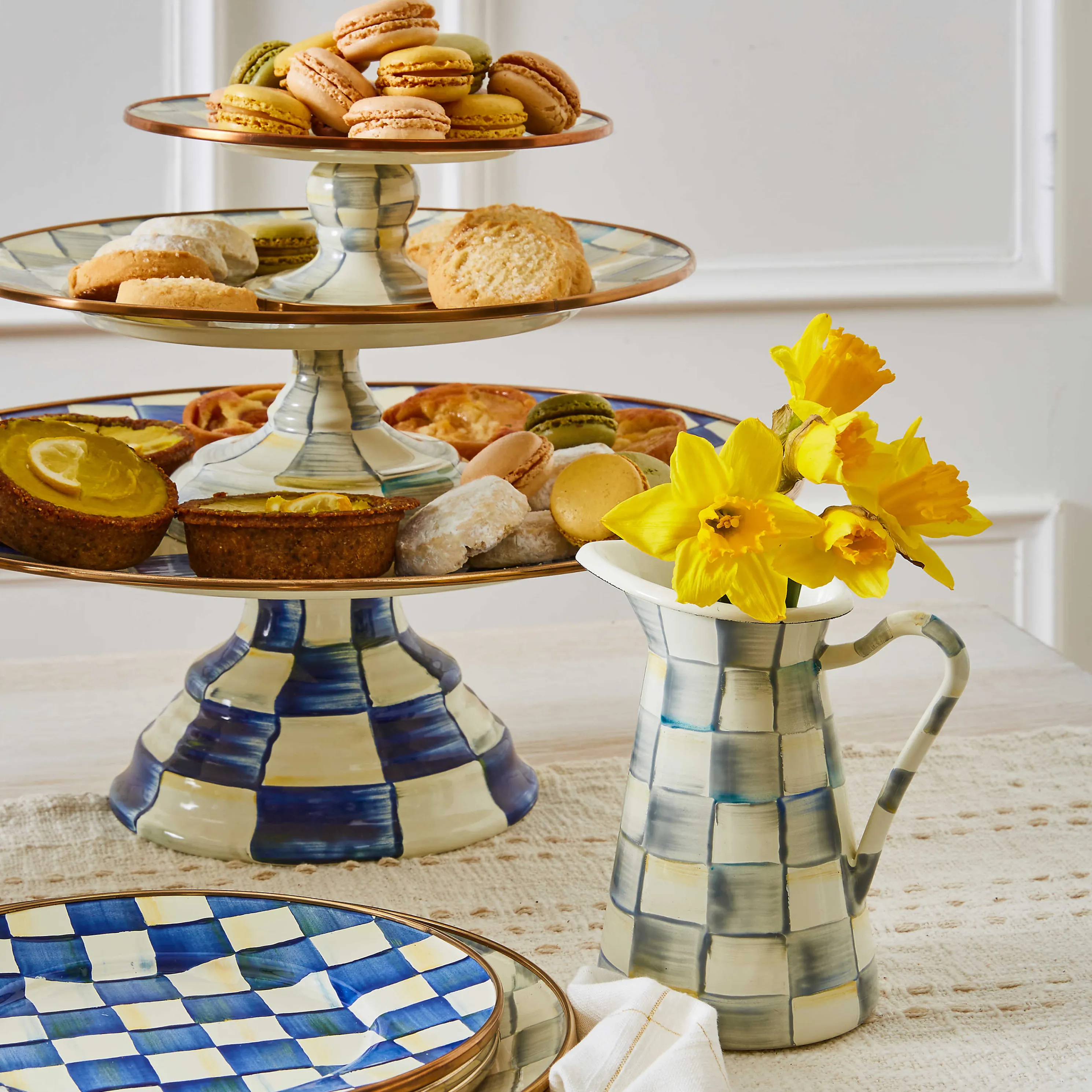 Sterling Check Enamel Pedestal Platter - Mini