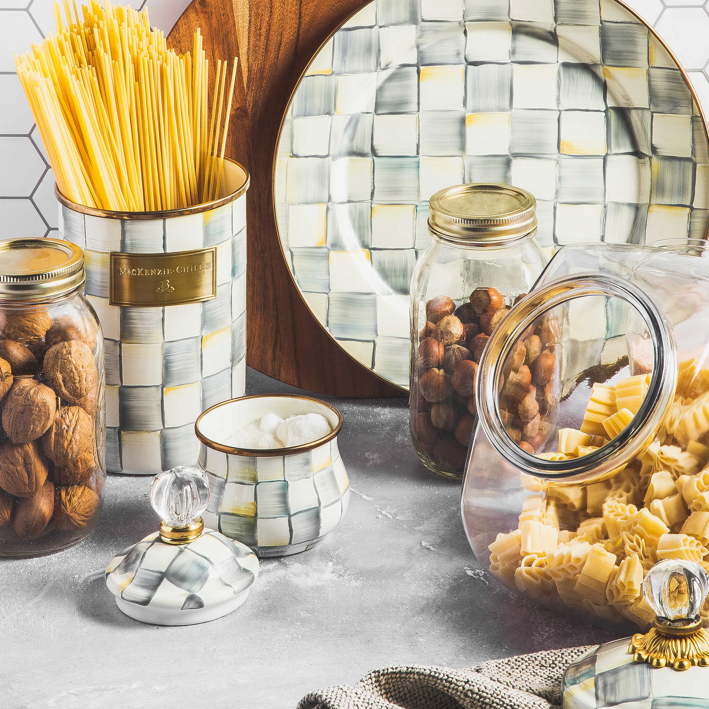 Sterling Check Enamel Lidded Sugar Bowl