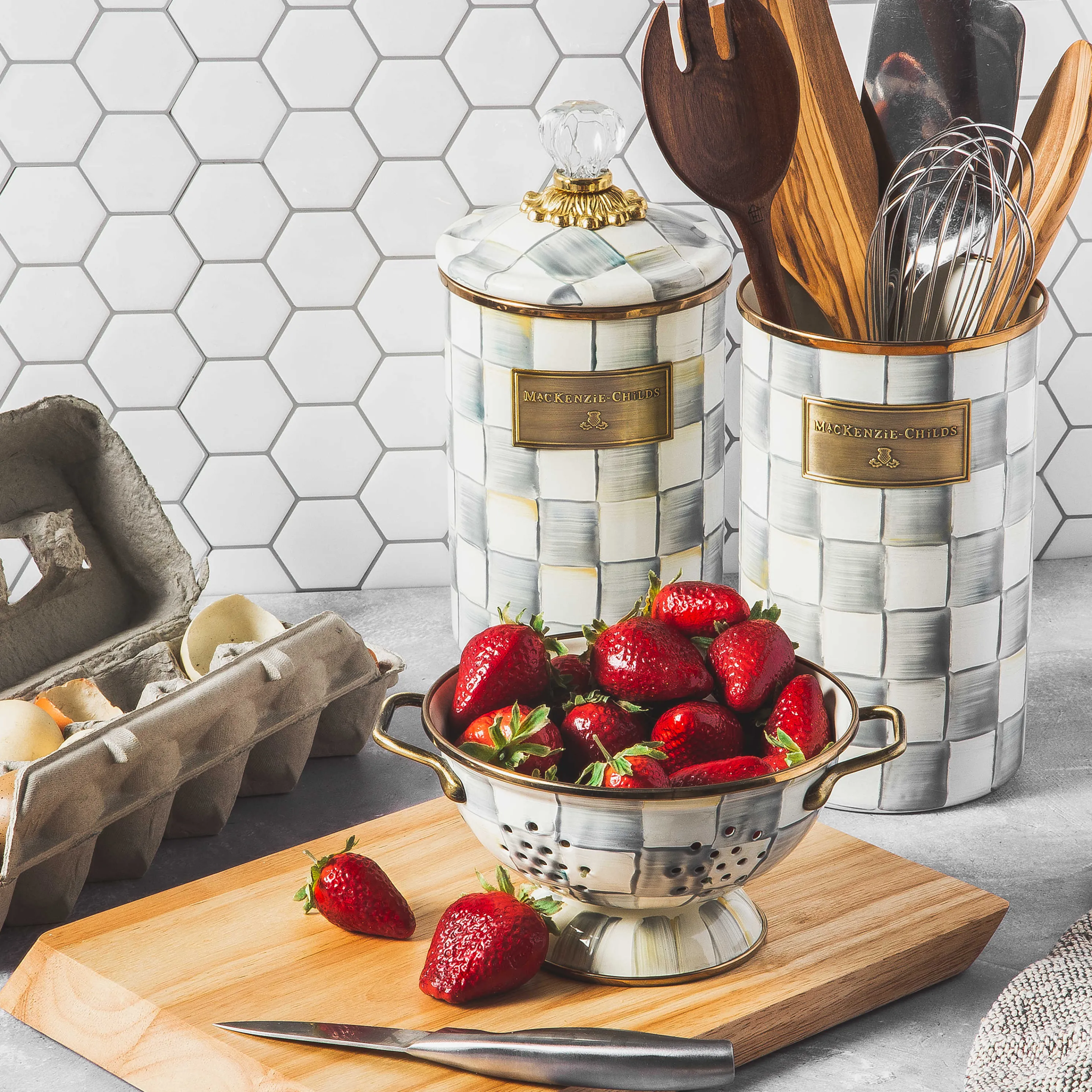 Sterling Check Enamel Colander - Small