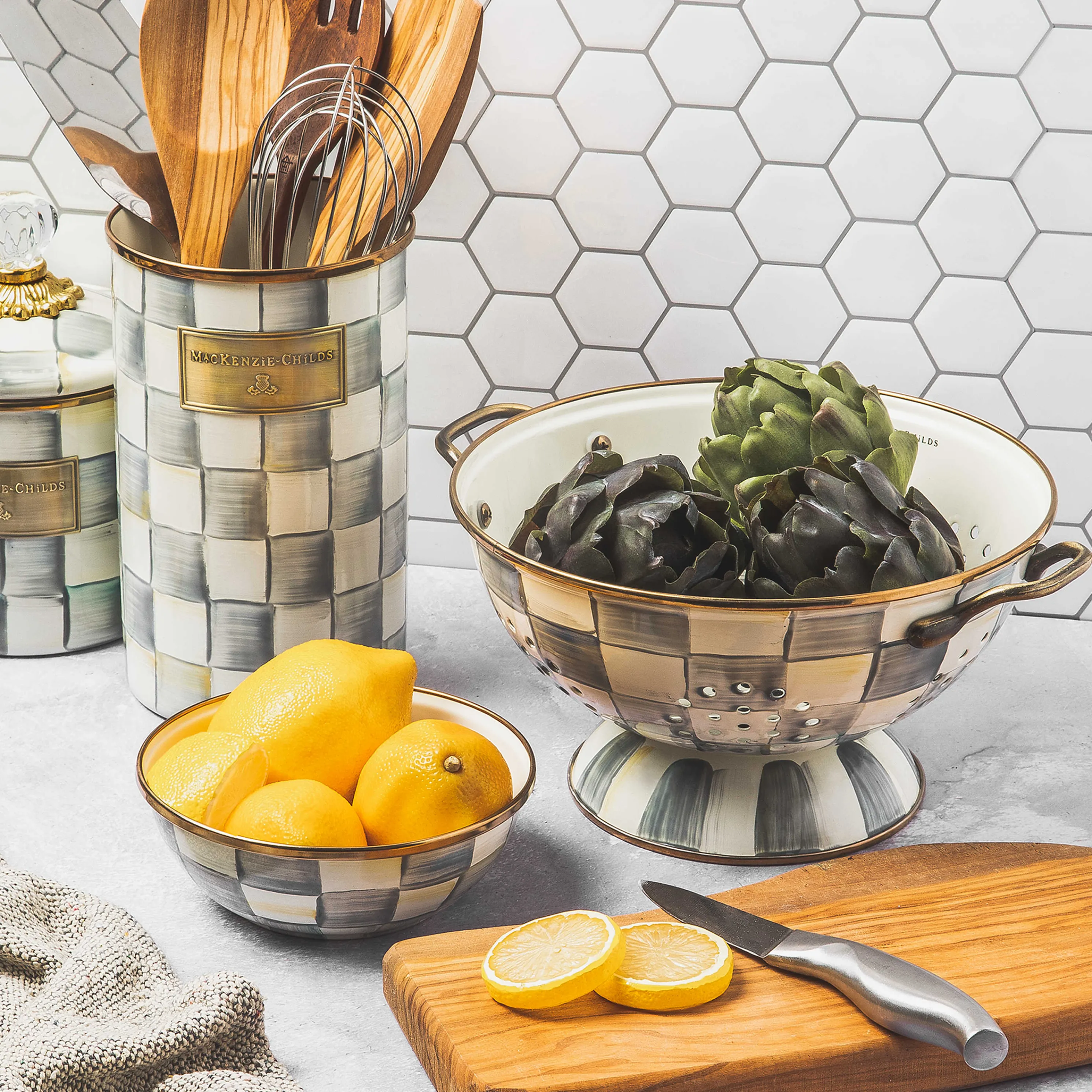 Sterling Check Enamel Pinch Bowl