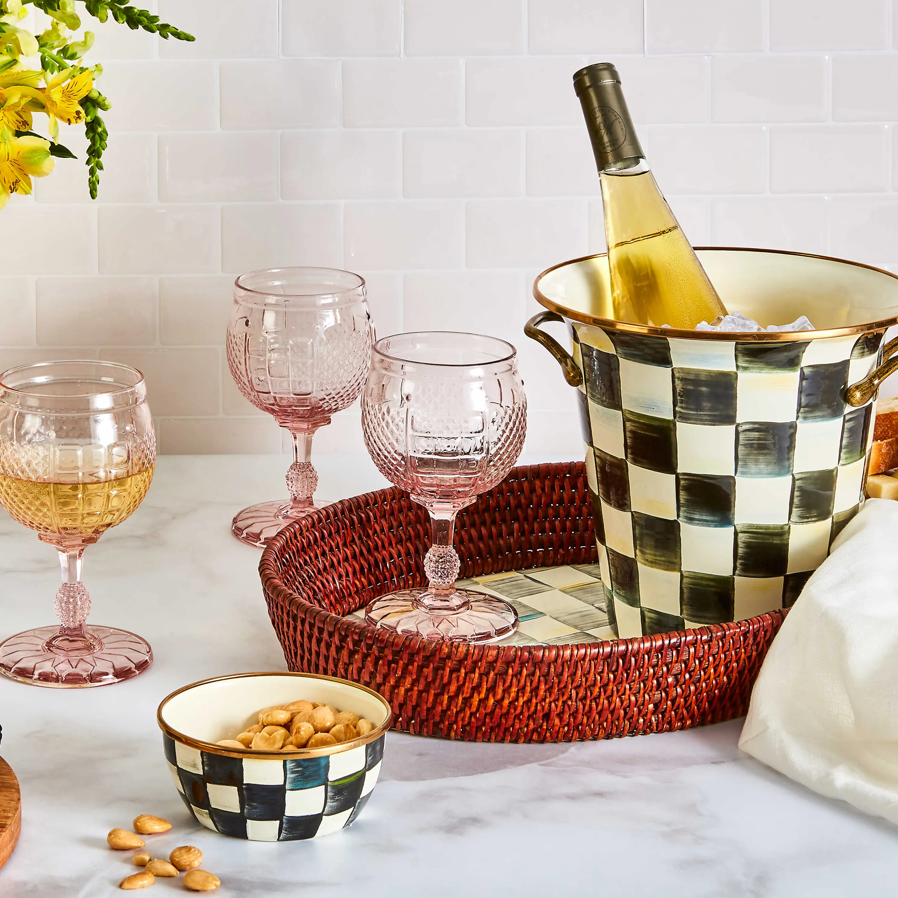 Sterling Check Rattan & Enamel Tray - Large