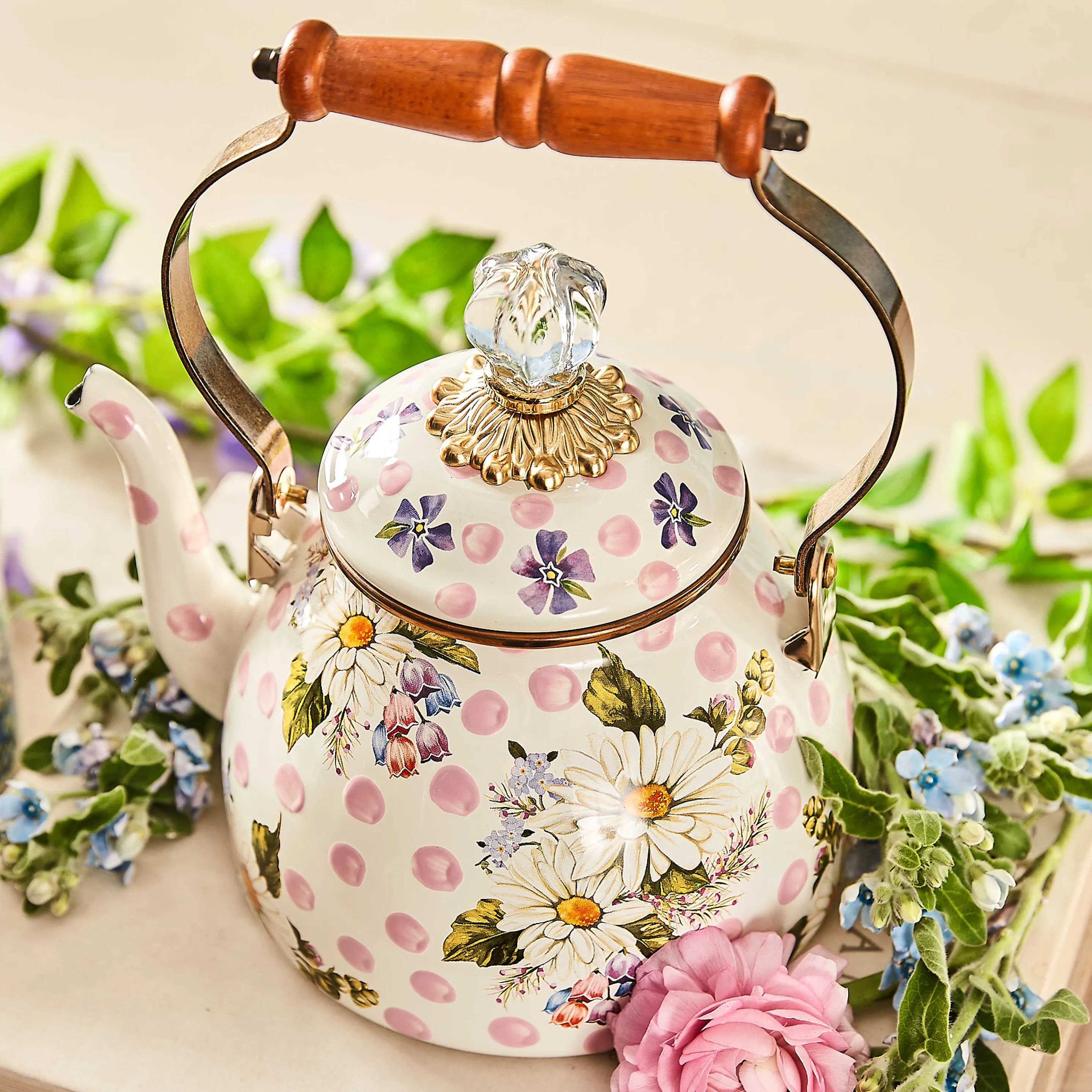 Wildflowers Enamel 2 Qt Tea Kettle - Pink